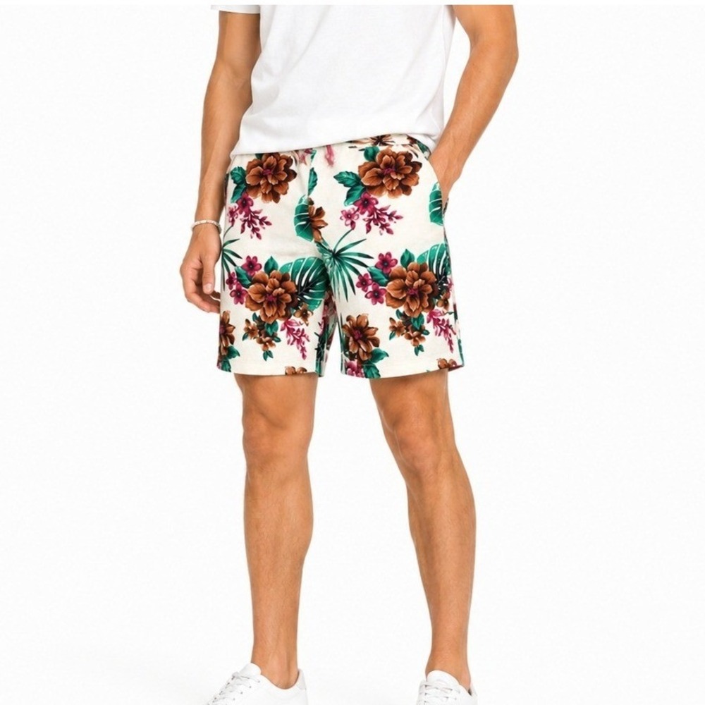 Mojito Collection Shorts Men L Ivory Floral Tropical 100% Linen Flat Front